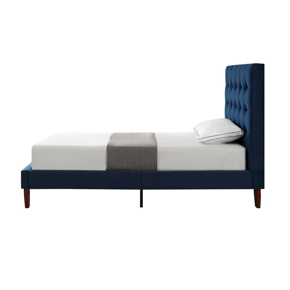 Navy Blue Solid Wood King Tufted Upholstered Velvet Bed HomeRoots