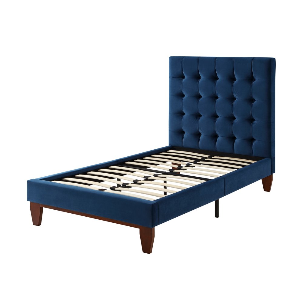 Navy Blue Solid Wood King Tufted Upholstered Velvet Bed — view 26