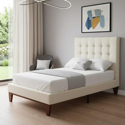 Beige Solid Wood Full Tufted Upholstered Linen Bed HomeRoots