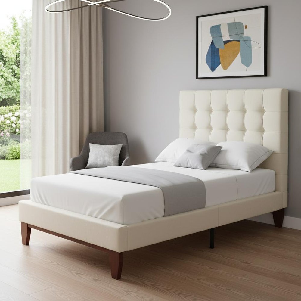 Beige Solid Wood Full Tufted Upholstered Linen Bed — view 11