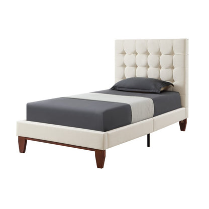 Beige Solid Wood Full Tufted Upholstered Linen Bed HomeRoots