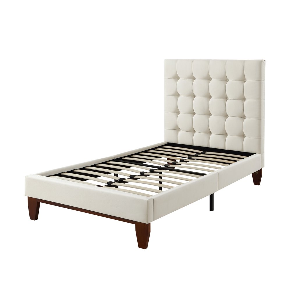 Beige Solid Wood Full Tufted Upholstered Linen Bed — view 4