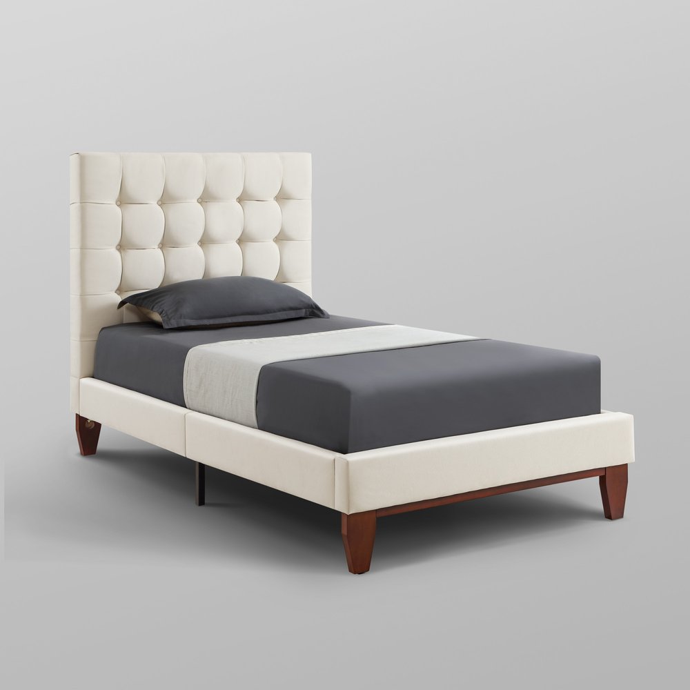 Beige Solid Wood Full Tufted Upholstered Linen Bed — view 5
