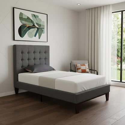Beige Solid Wood Full Tufted Upholstered Linen Bed HomeRoots