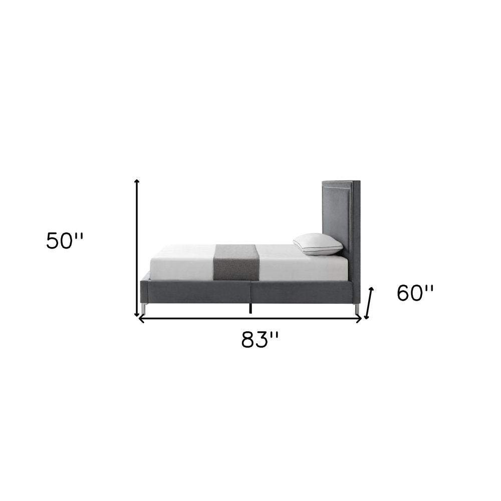 Gray Solid Wood King Upholstered Velvet Bed with Nailhead Trim HomeRoots