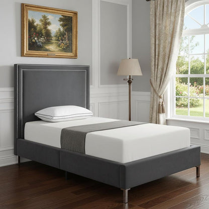 Gray Solid Wood King Upholstered Velvet Bed with Nailhead Trim HomeRoots