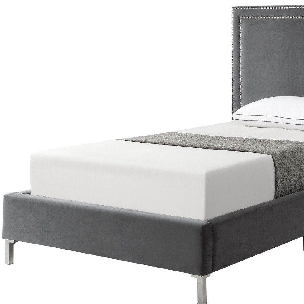 Gray Solid Wood King Upholstered Velvet Bed with Nailhead Trim — view 17