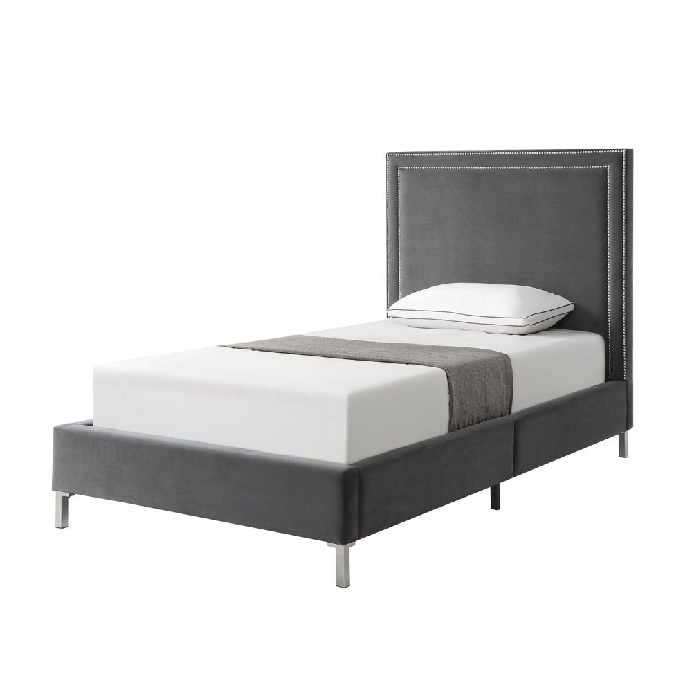Gray Solid Wood King Upholstered Velvet Bed with Nailhead Trim — view 14
