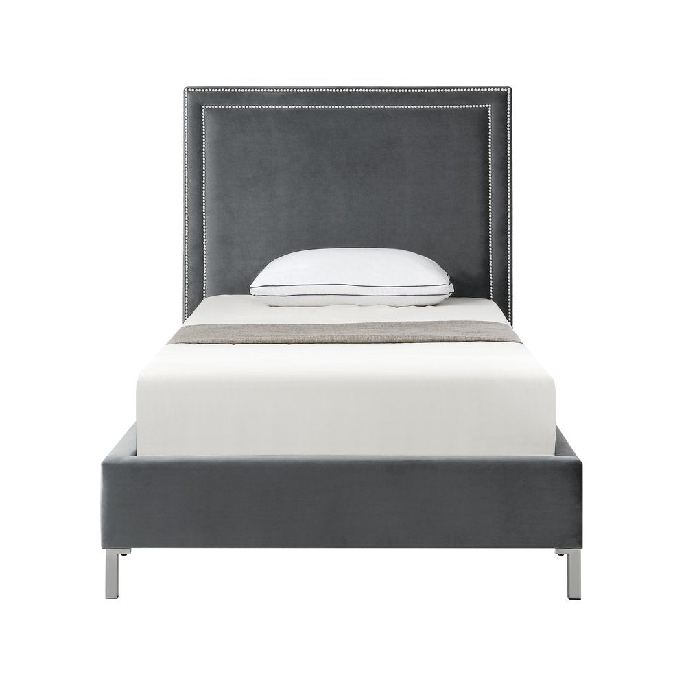 Gray Solid Wood King Upholstered Velvet Bed with Nailhead Trim — view 13