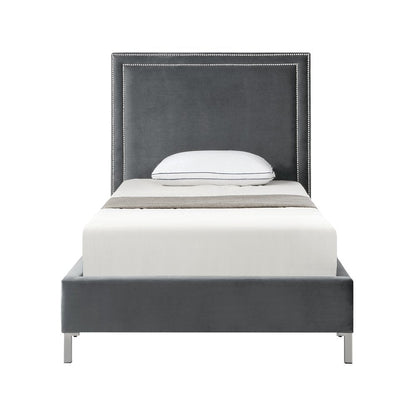 Gray Solid Wood King Upholstered Velvet Bed with Nailhead Trim HomeRoots