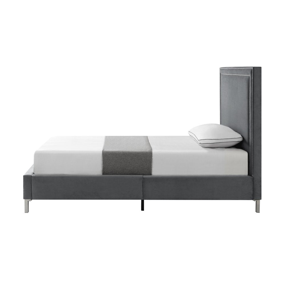 Gray Solid Wood King Upholstered Velvet Bed with Nailhead Trim — view 13