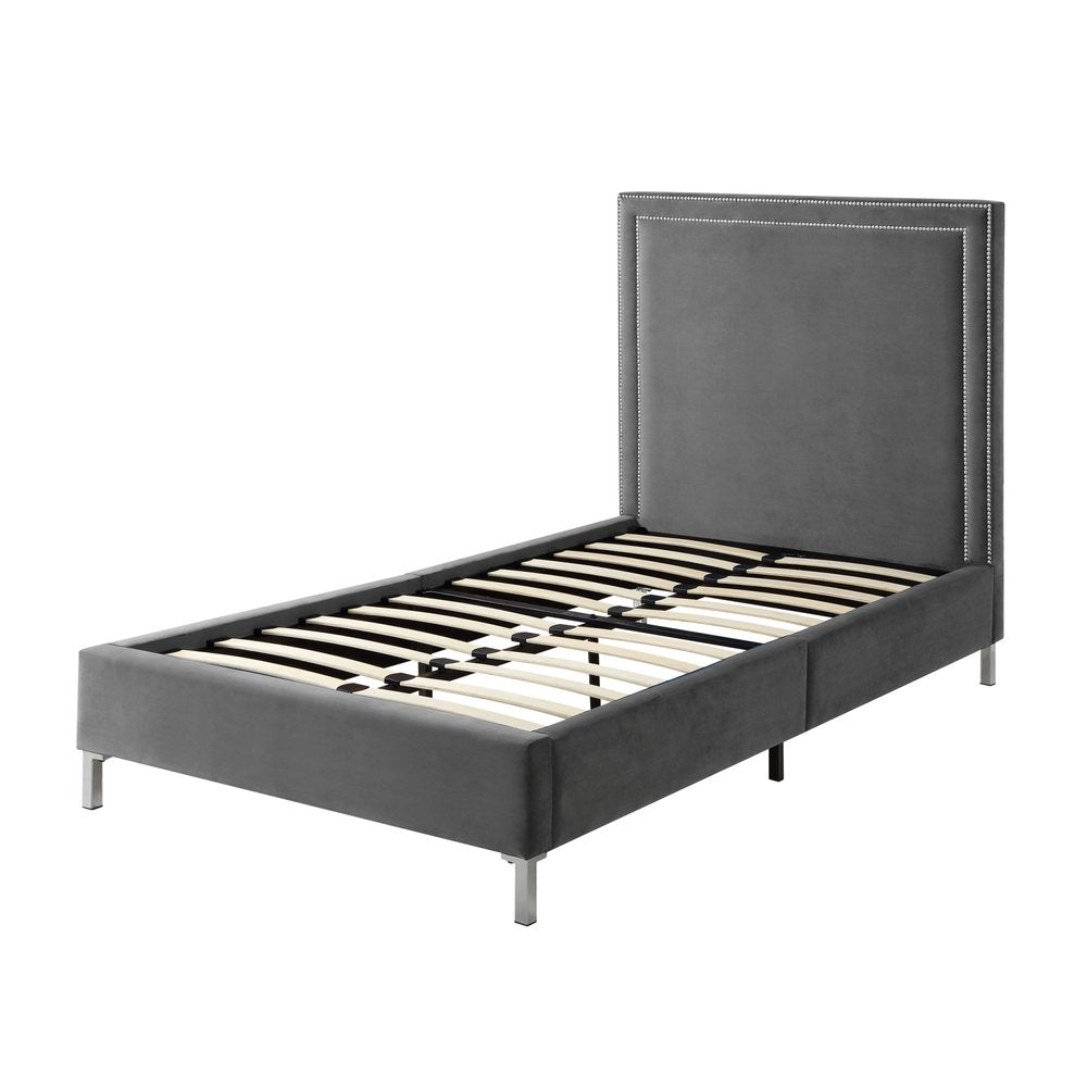 Gray Solid Wood King Upholstered Velvet Bed with Nailhead Trim — view 15