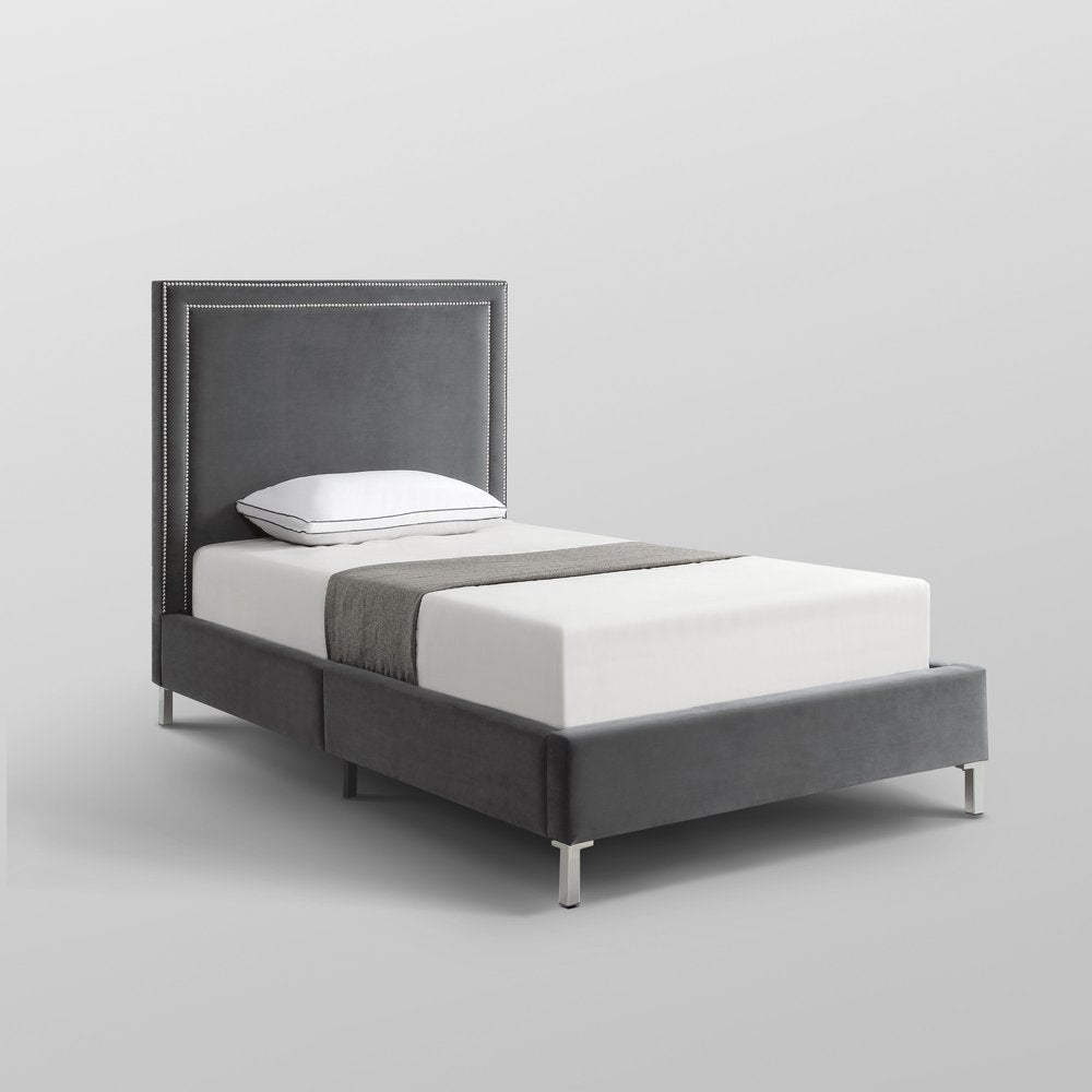 Gray Solid Wood King Upholstered Velvet Bed with Nailhead Trim — view 19