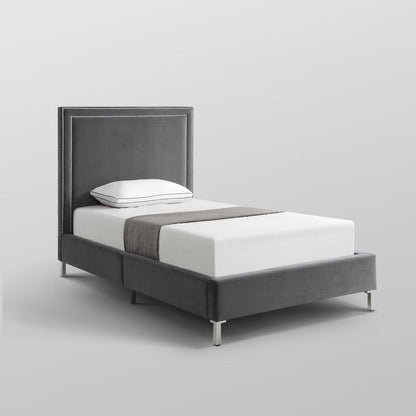 Gray Solid Wood King Upholstered Velvet Bed with Nailhead Trim HomeRoots