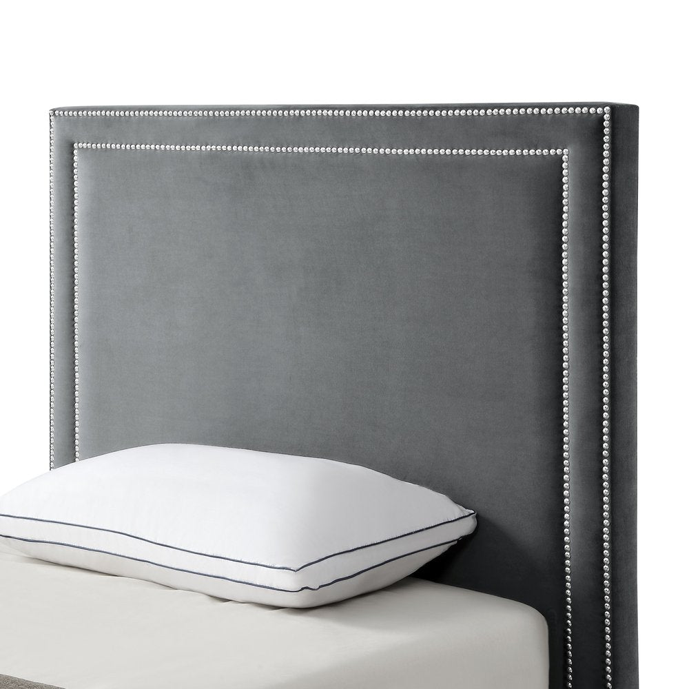 Gray Solid Wood King Upholstered Velvet Bed with Nailhead Trim — view 16