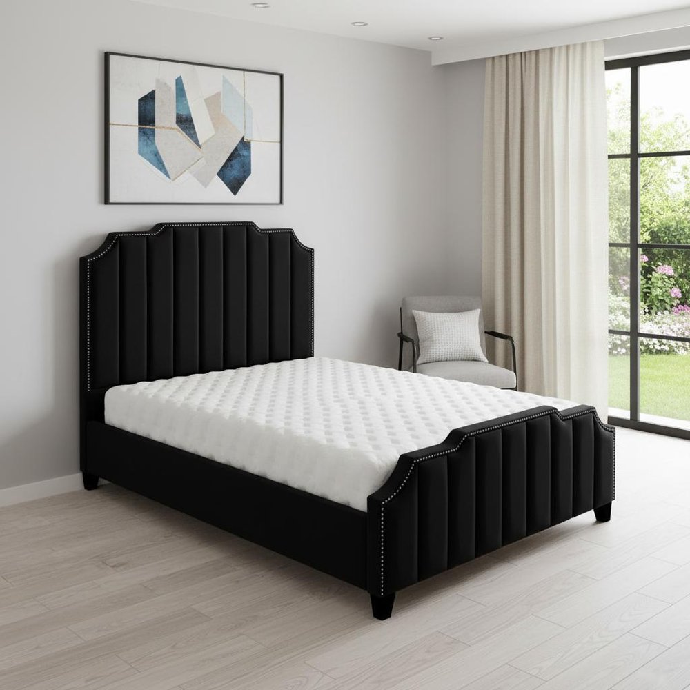 Black Solid Wood Queen Tufted Upholstered Velvet Bed with Nailhead Trim HomeRoots