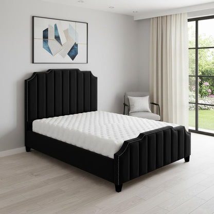 Black Solid Wood Queen Tufted Upholstered Velvet Bed with Nailhead Trim HomeRoots