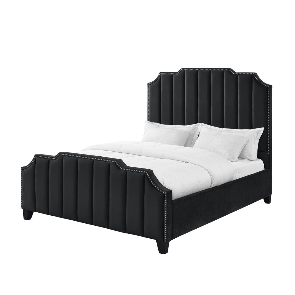 Black Solid Wood Queen Tufted Upholstered Velvet Bed with Nailhead Trim — view 3