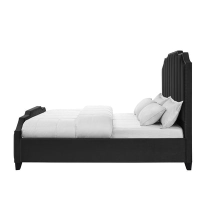 Black Solid Wood Queen Tufted Upholstered Velvet Bed with Nailhead Trim HomeRoots