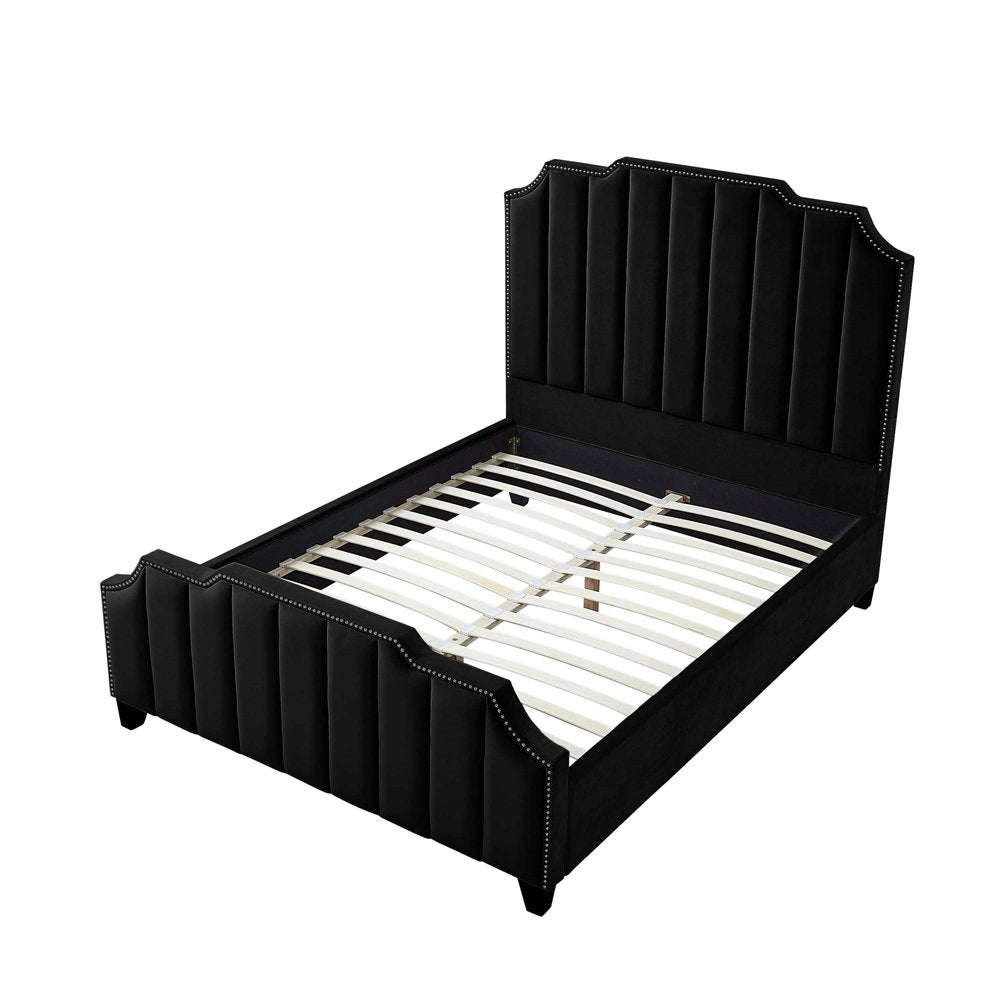 Black Solid Wood Queen Tufted Upholstered Velvet Bed with Nailhead Trim HomeRoots