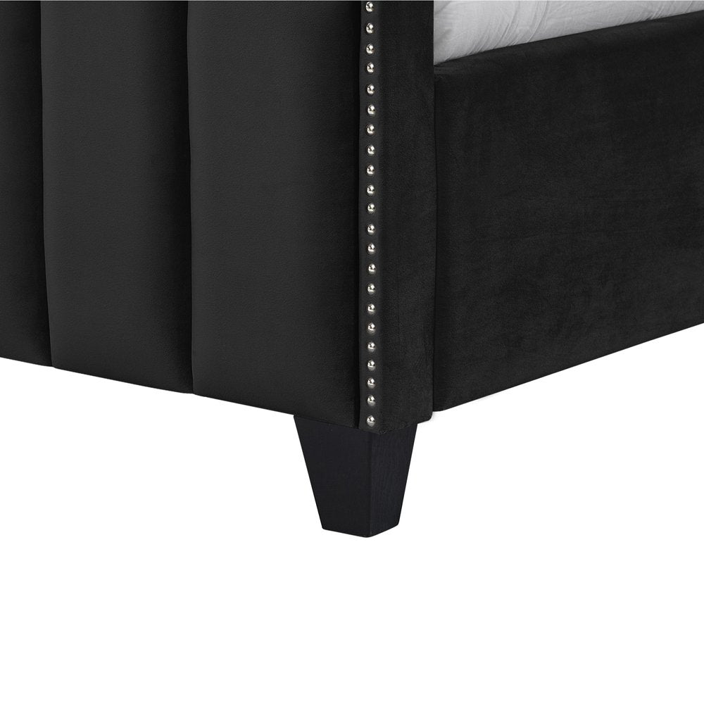 Black Solid Wood Queen Tufted Upholstered Velvet Bed with Nailhead Trim — view 4