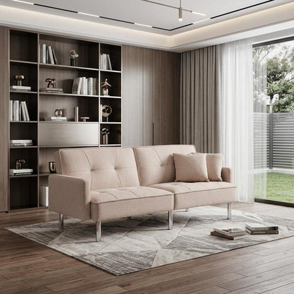 85" Beige Polyester Blend Convertible Futon Sleeper Sofa And Toss Pillows With Silver Legs HomeRoots