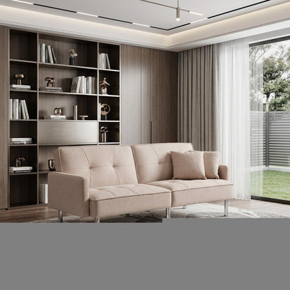 85" Beige Polyester Blend Convertible Futon Sleeper Sofa And Toss Pillows With Silver Legs HomeRoots