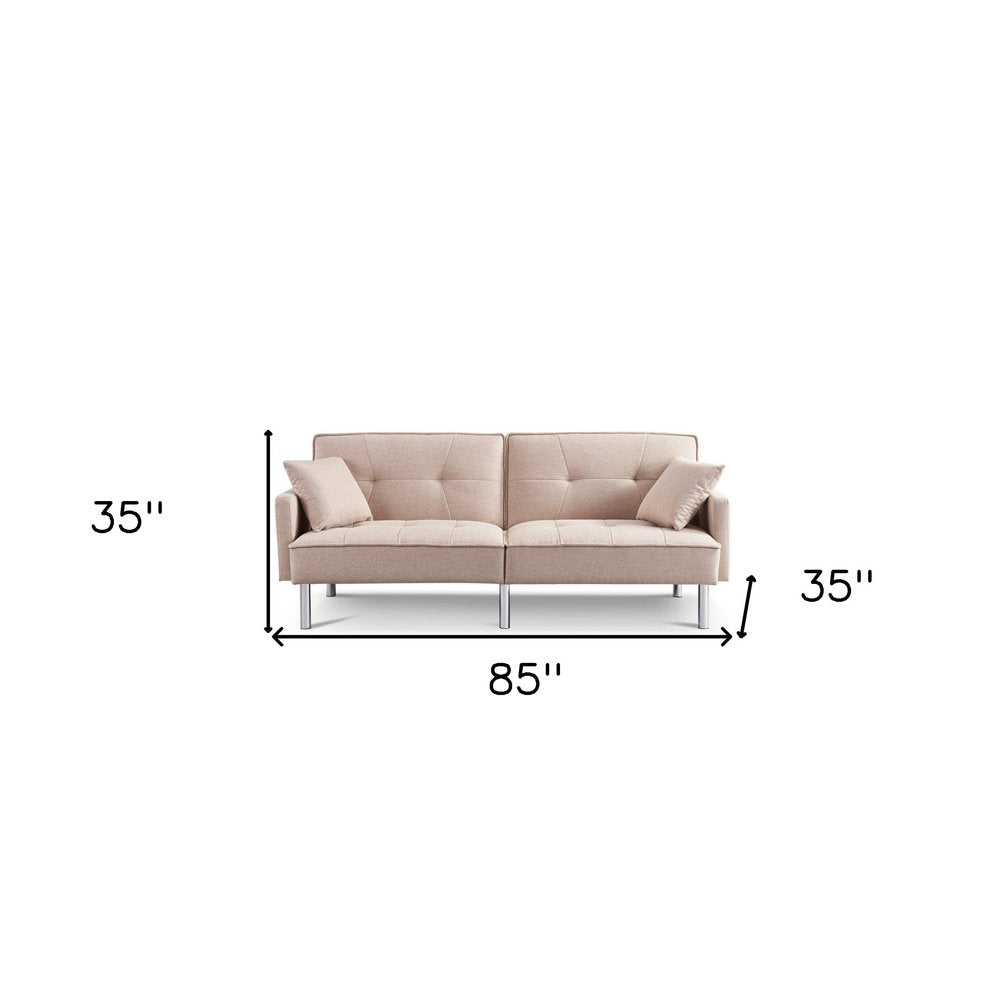 85" Beige Polyester Blend Convertible Futon Sleeper Sofa And Toss Pillows With Silver Legs HomeRoots