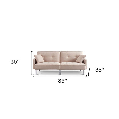 85" Beige Polyester Blend Convertible Futon Sleeper Sofa And Toss Pillows With Silver Legs HomeRoots