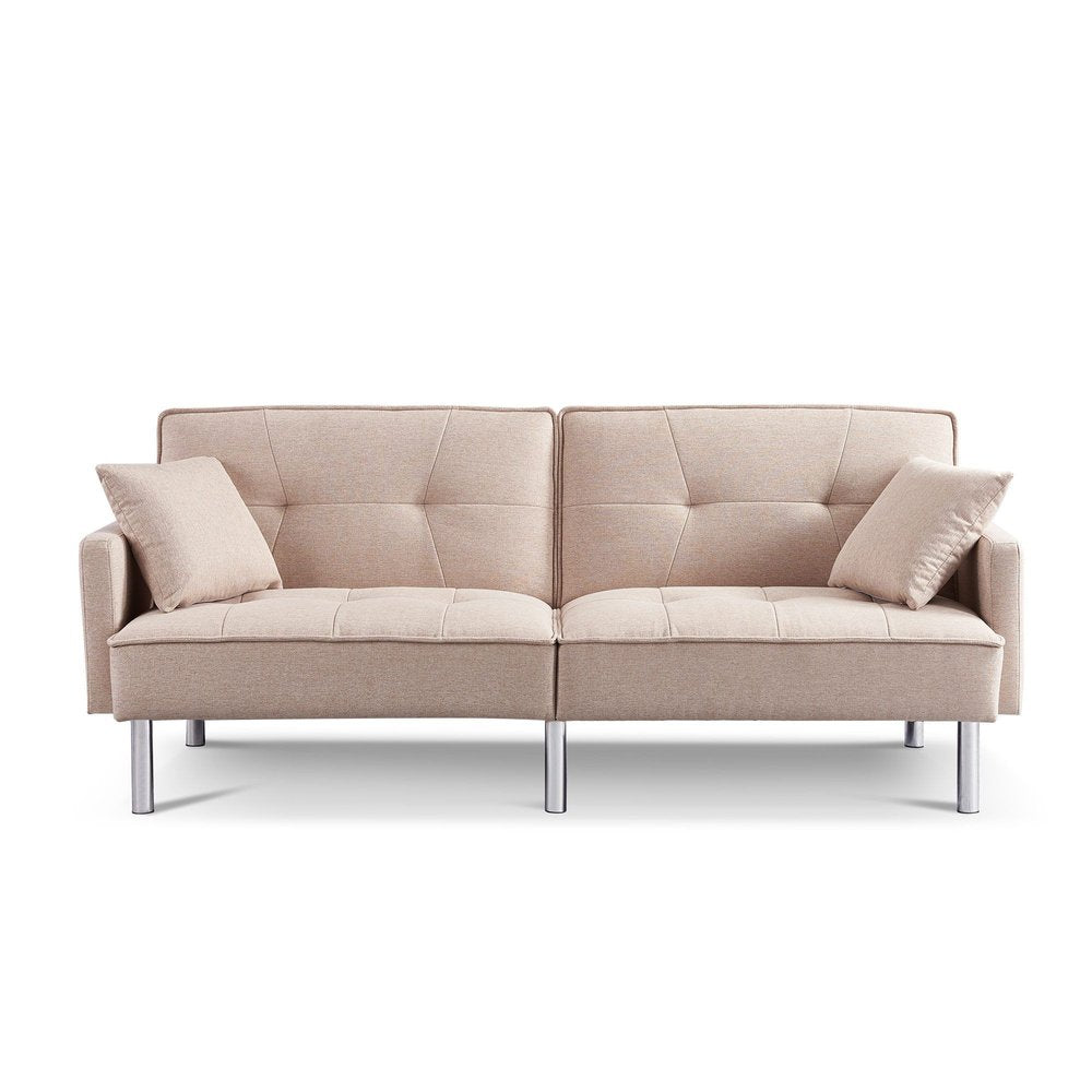 85" Beige Polyester Blend Convertible Futon Sleeper Sofa And Toss Pillows With Silver Legs HomeRoots