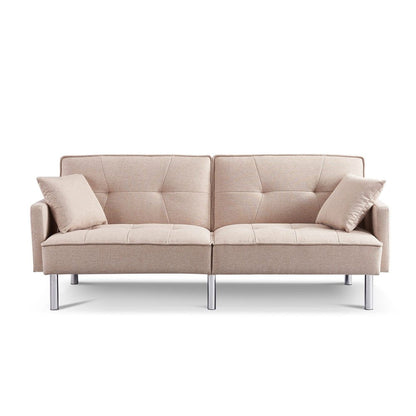85" Beige Polyester Blend Convertible Futon Sleeper Sofa And Toss Pillows With Silver Legs HomeRoots