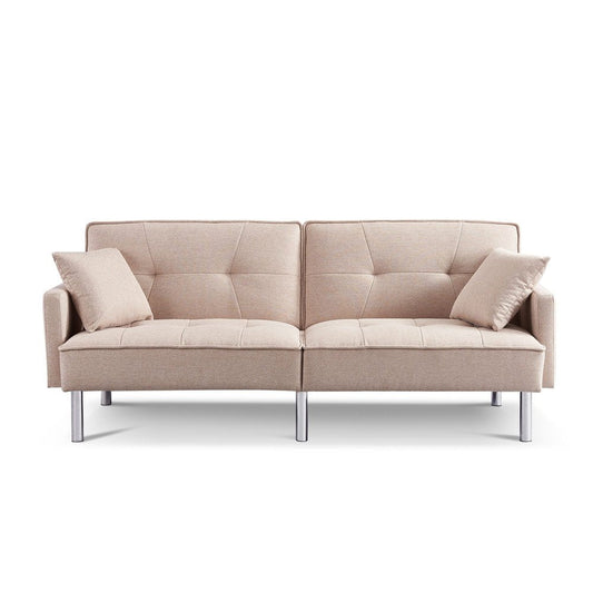 85" Beige Polyester Blend Convertible Futon Sleeper Sofa And Toss Pillows With Silver Legs HomeRoots