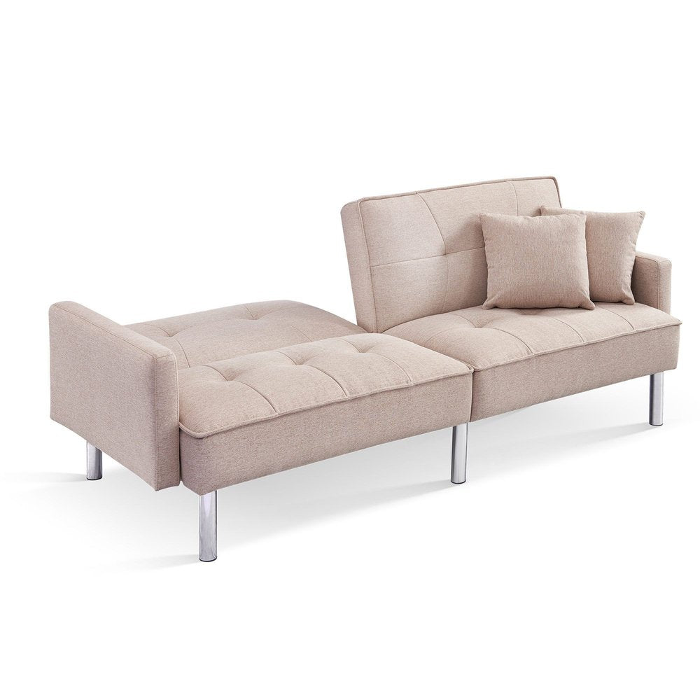 85" Beige Polyester Blend Convertible Futon Sleeper Sofa And Toss Pillows With Silver Legs HomeRoots