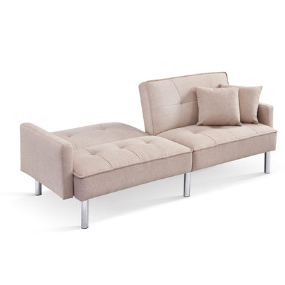 85" Beige Polyester Blend Convertible Futon Sleeper Sofa And Toss Pillows With Silver Legs HomeRoots