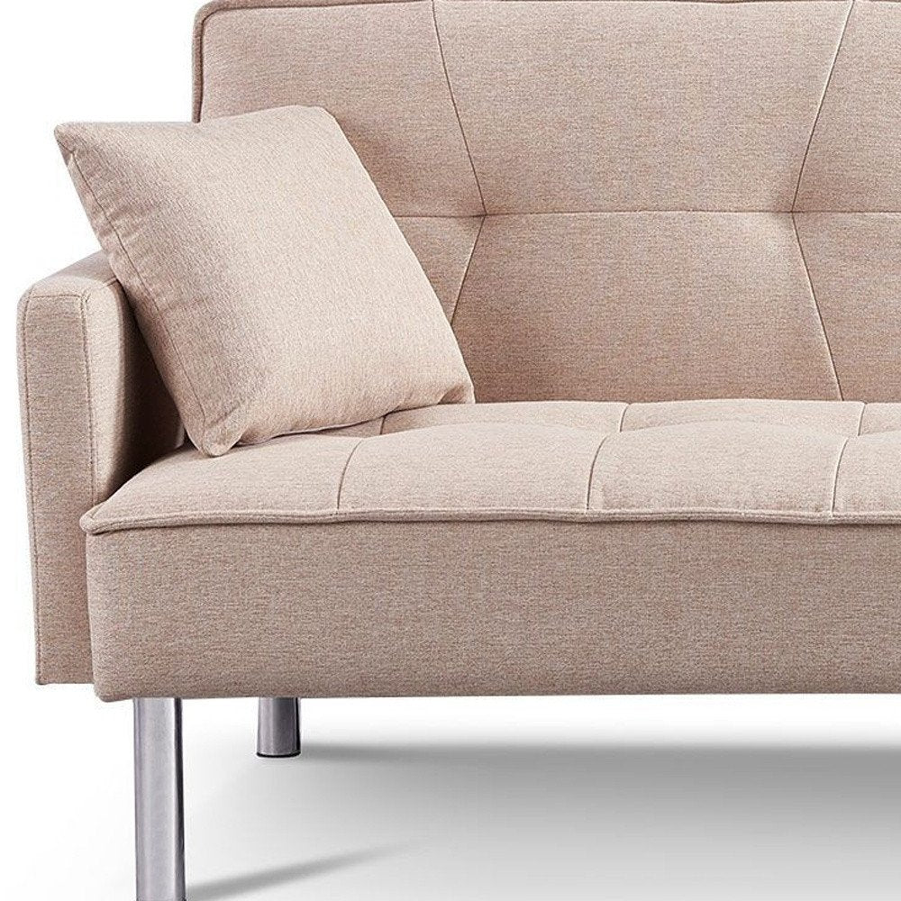 85" Beige Polyester Blend Convertible Futon Sleeper Sofa And Toss Pillows With Silver Legs HomeRoots