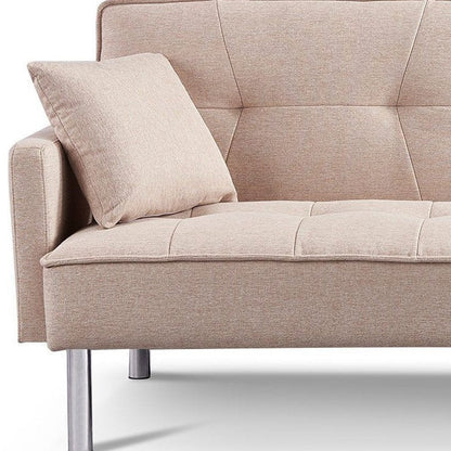85" Beige Polyester Blend Convertible Futon Sleeper Sofa And Toss Pillows With Silver Legs HomeRoots