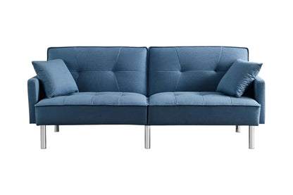 85" Blue Polyester Blend Convertible Futon Sleeper Sofa And Toss Pillows With Silver Legs