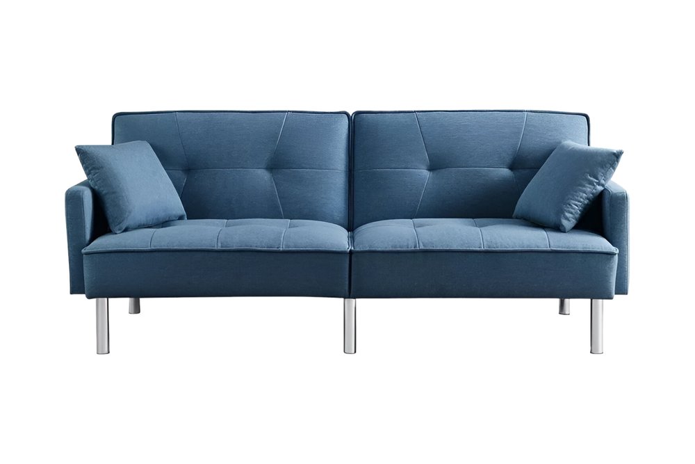 85" Blue Polyester Blend Convertible Futon Sleeper Sofa And Toss Pillows With Silver Legs HomeRoots