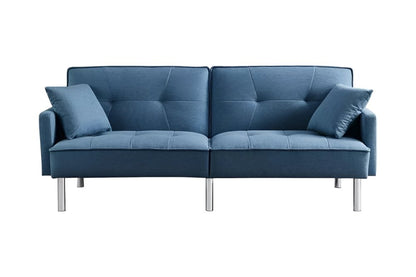 85" Blue Polyester Blend Convertible Futon Sleeper Sofa And Toss Pillows With Silver Legs HomeRoots