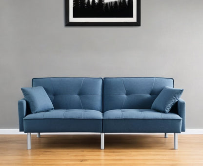 85" Blue Polyester Blend Convertible Futon Sleeper Sofa And Toss Pillows With Silver Legs