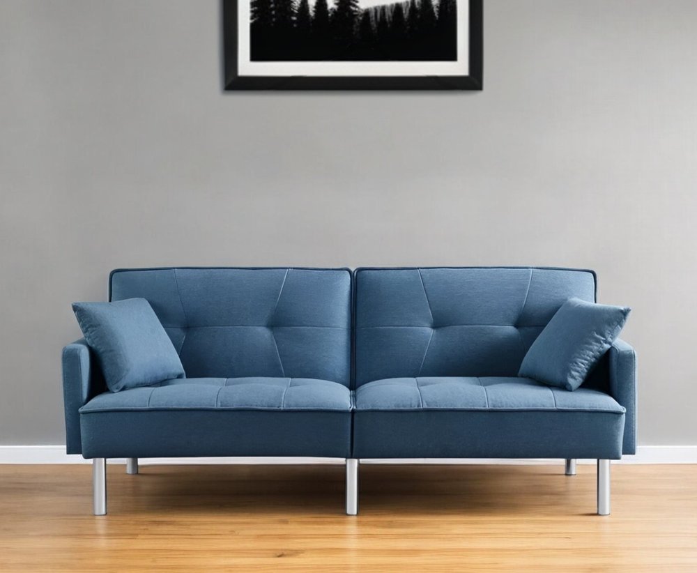 85" Blue Polyester Blend Convertible Futon Sleeper Sofa And Toss Pillows With Silver Legs HomeRoots