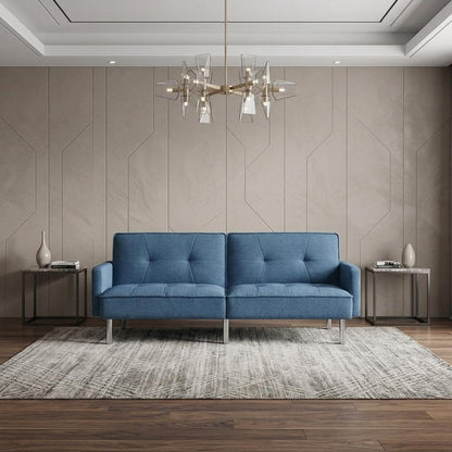 85" Blue Polyester Blend Convertible Futon Sleeper Sofa And Toss Pillows With Silver Legs HomeRoots