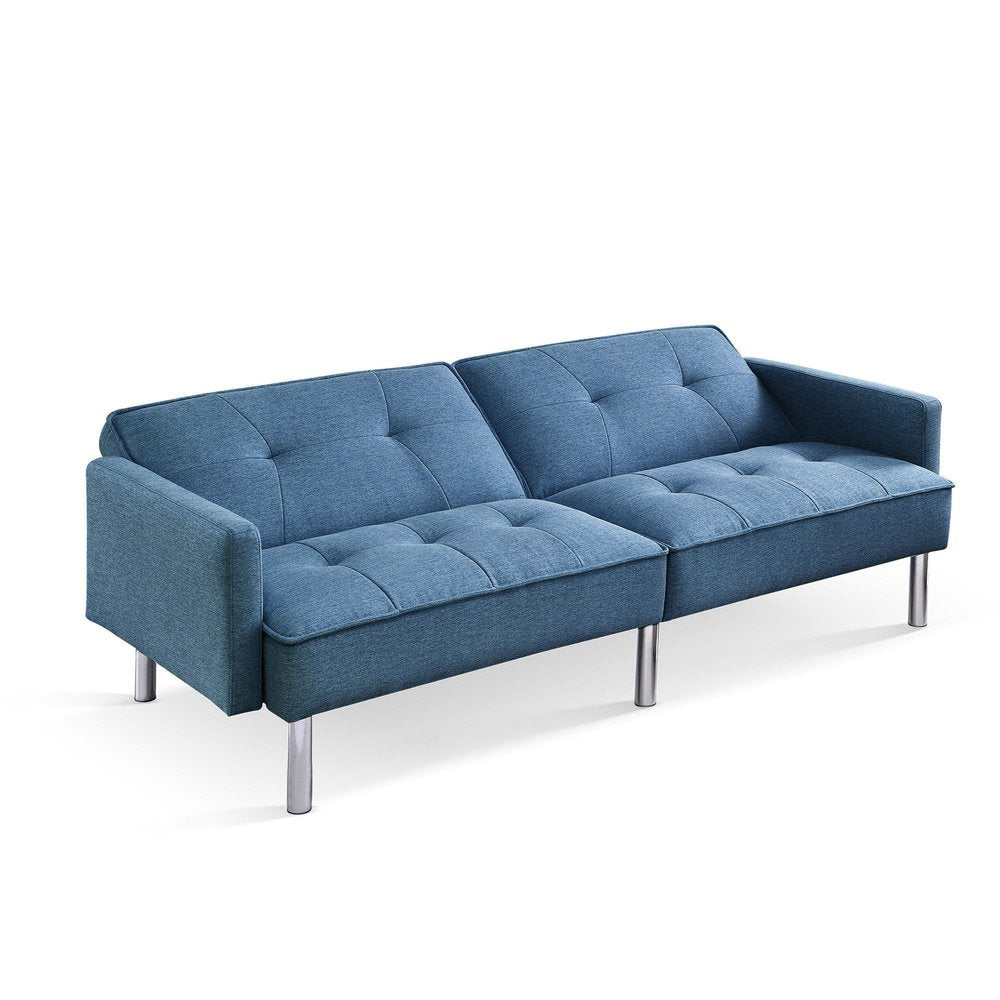 85" Blue Polyester Blend Convertible Futon Sleeper Sofa And Toss Pillows With Silver Legs HomeRoots