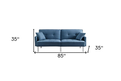 85" Blue Polyester Blend Convertible Futon Sleeper Sofa And Toss Pillows With Silver Legs