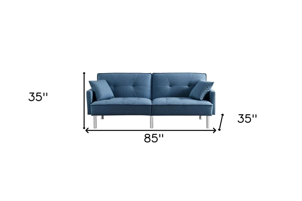 85" Blue Polyester Blend Convertible Futon Sleeper Sofa And Toss Pillows With Silver Legs HomeRoots