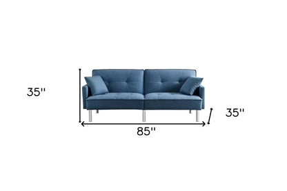 85" Blue Polyester Blend Convertible Futon Sleeper Sofa And Toss Pillows With Silver Legs HomeRoots