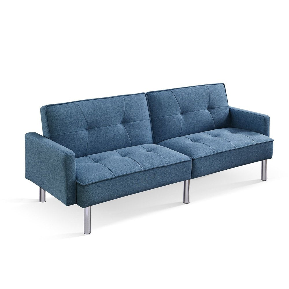 85" Blue Polyester Blend Convertible Futon Sleeper Sofa And Toss Pillows With Silver Legs HomeRoots