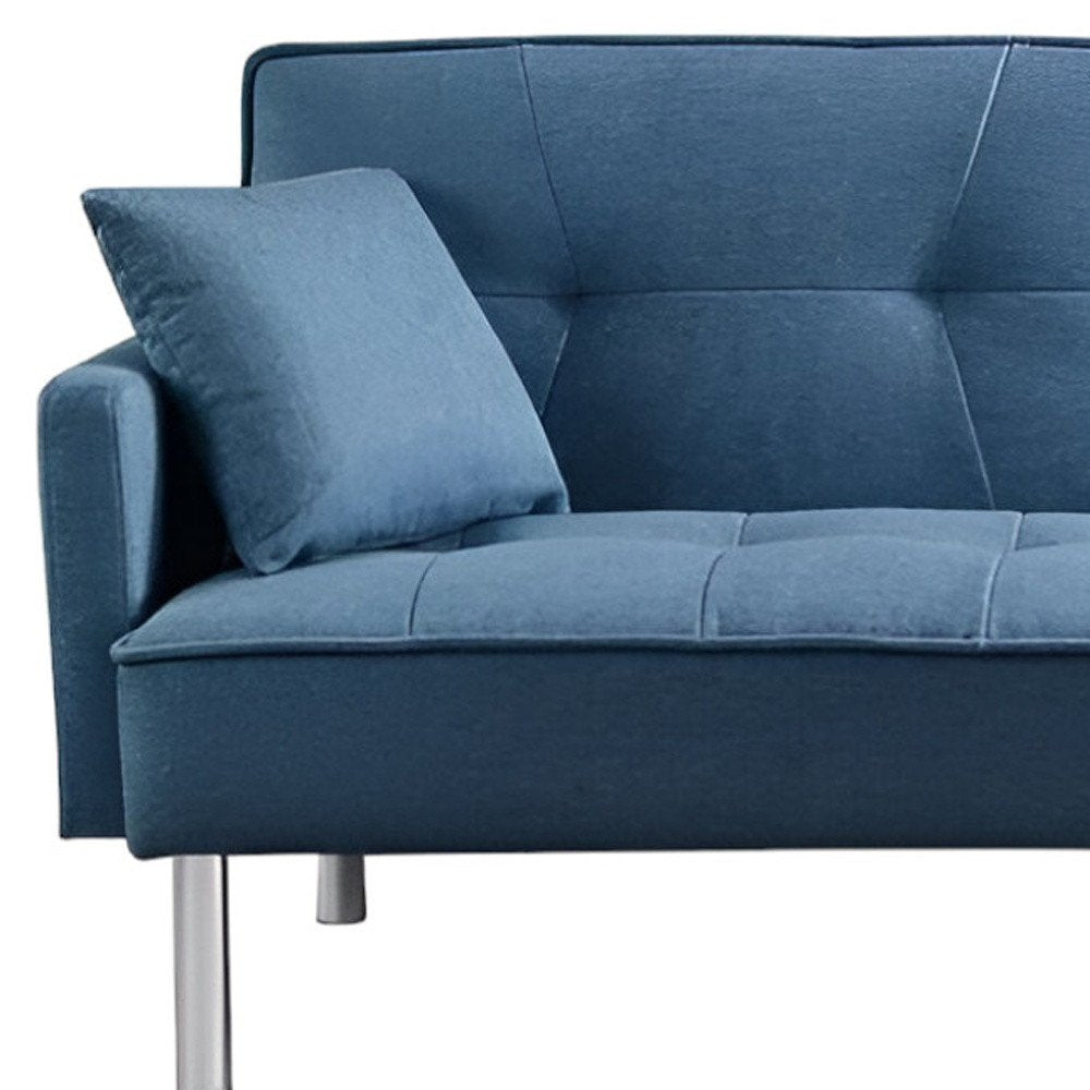 85" Blue Polyester Blend Convertible Futon Sleeper Sofa And Toss Pillows With Silver Legs HomeRoots