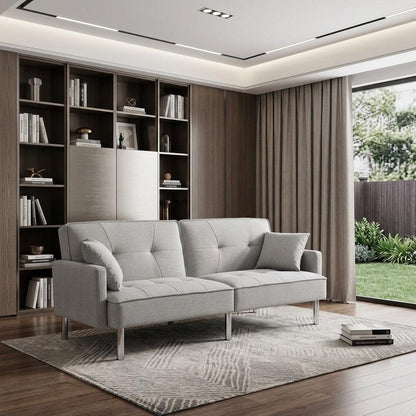 85" Light Gray Polyester Blend Convertible Futon Sleeper Sofa And Toss Pillows With Silver Legs HomeRoots
