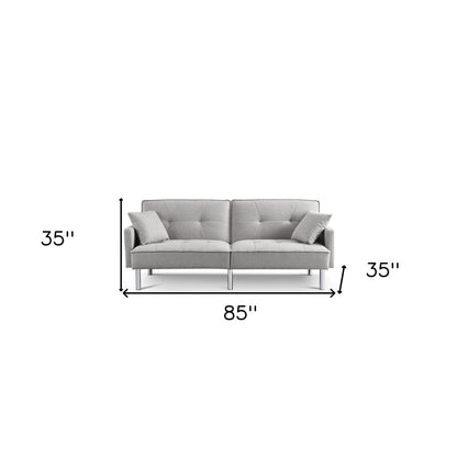 85" Light Gray Polyester Blend Convertible Futon Sleeper Sofa And Toss Pillows With Silver Legs HomeRoots